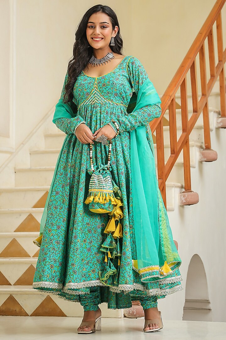 Turquoise Cotton Flared Anarkali Set by SAMAAYA JAIPUR at Pernia's Pop Up Shop