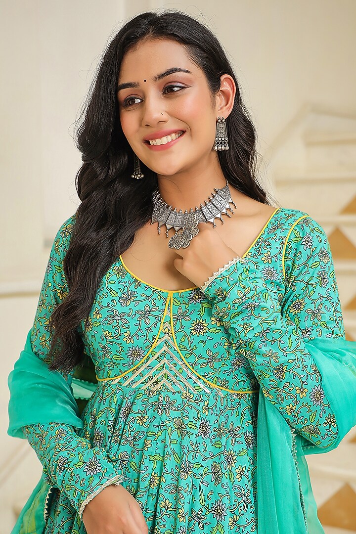 Turquoise Cotton Flared Anarkali Set by SAMAAYA JAIPUR at Pernia's Pop Up Shop