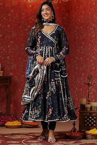 Blue Georgette Gota Embroidered & Digital Printed Angrakha Anarkali Set by SAMAAYA JAIPUR