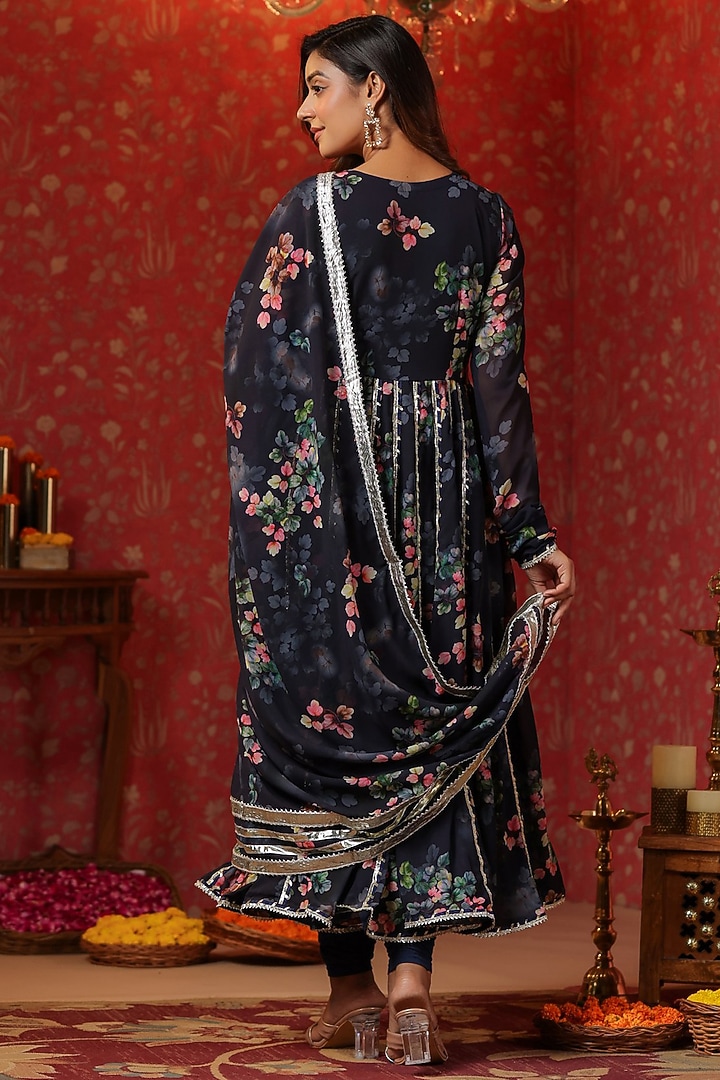 Blue Georgette Gota Embroidered & Digital Printed Angrakha Anarkali Set by SAMAAYA JAIPUR at Pernia's Pop Up Shop