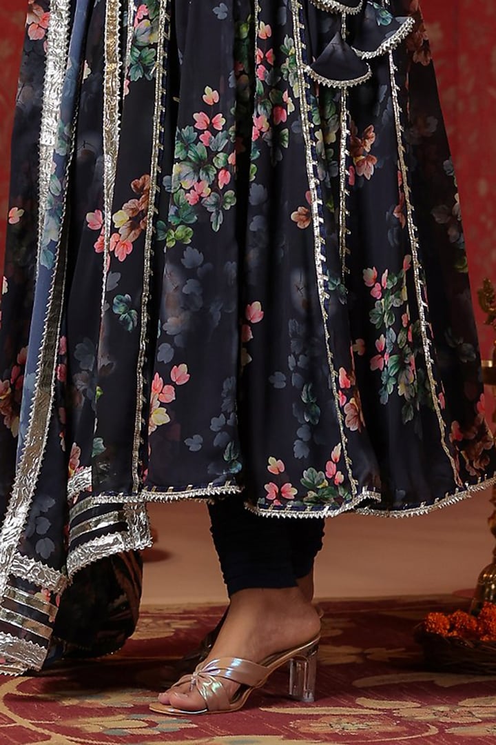 Blue Georgette Gota Embroidered & Digital Printed Angrakha Anarkali Set by SAMAAYA JAIPUR at Pernia's Pop Up Shop