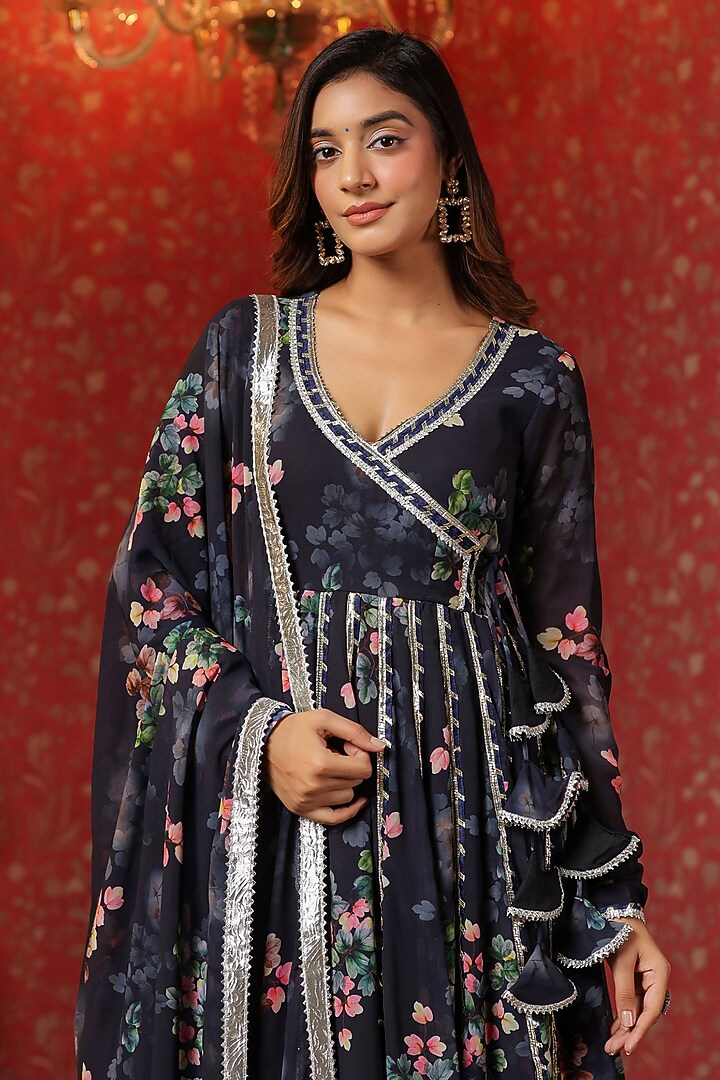 Blue Georgette Gota Embroidered & Digital Printed Angrakha Anarkali Set by SAMAAYA JAIPUR at Pernia's Pop Up Shop