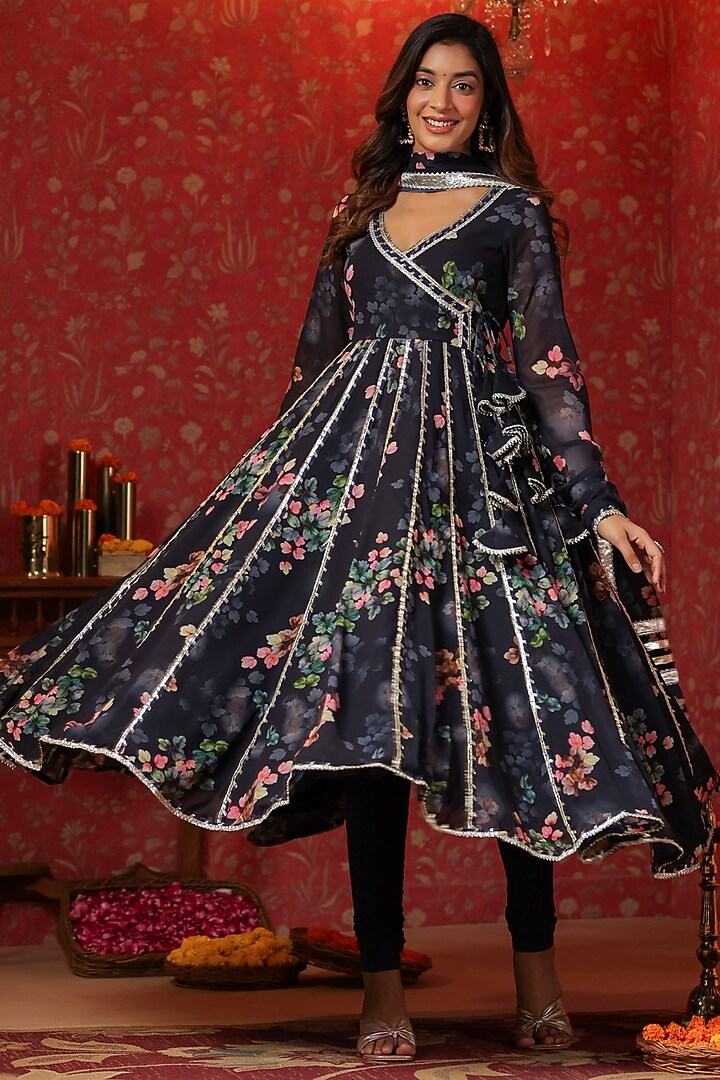 Blue Georgette Gota Embroidered & Digital Printed Angrakha Anarkali Set by SAMAAYA JAIPUR at Pernia's Pop Up Shop