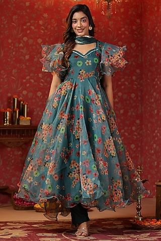 Teal Green Organza Digital Printed Anarkali Set by SAMAAYA JAIPUR