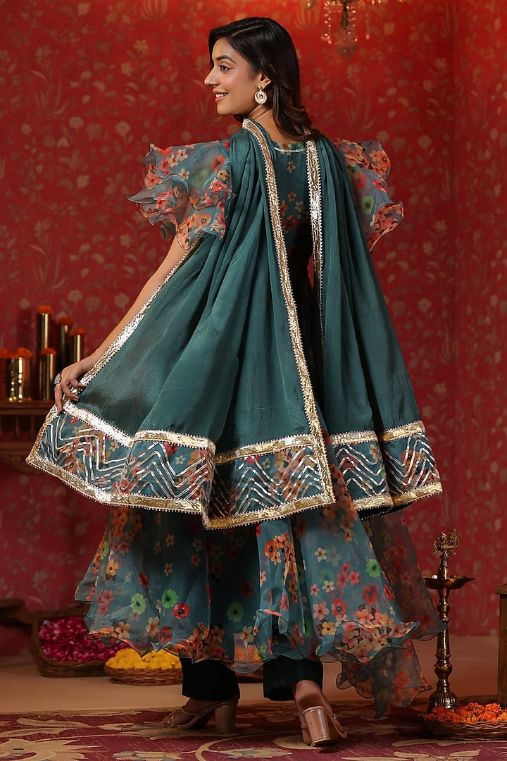 Teal Green Organza Digital Printed Anarkali Set by SAMAAYA JAIPUR at Pernia's Pop Up Shop