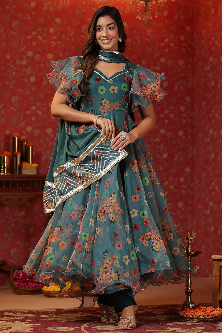 Teal Green Organza Digital Printed Anarkali Set by SAMAAYA JAIPUR at Pernia's Pop Up Shop