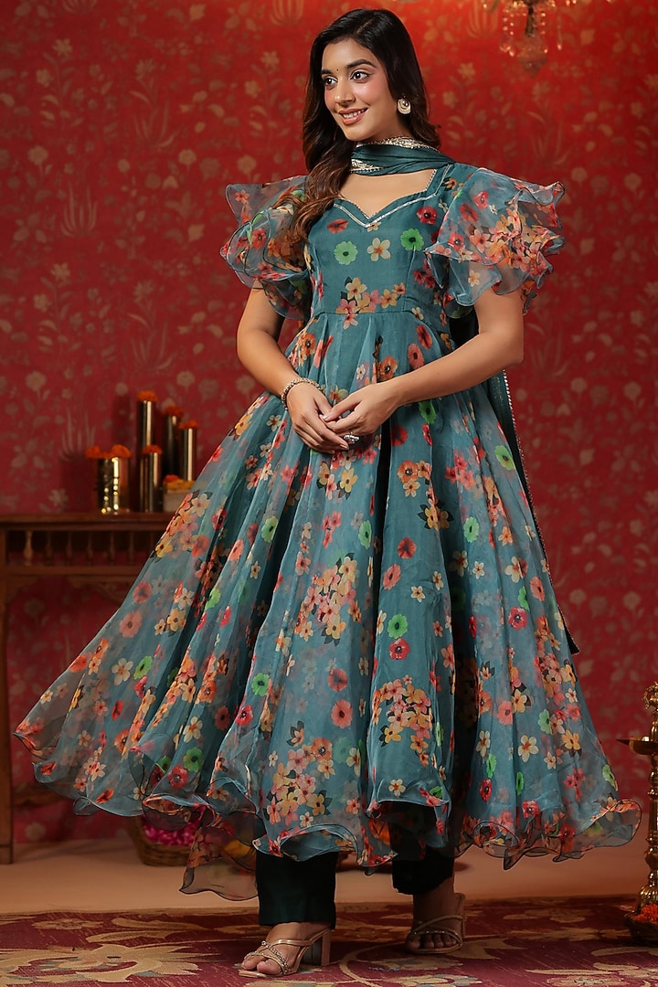 Teal Green Organza Digital Printed Anarkali Set by SAMAAYA JAIPUR at Pernia's Pop Up Shop
