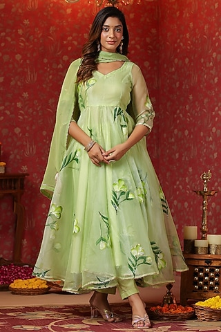 Parrot Green Organza Digital Printed Anarkali Set by SAMAAYA JAIPUR