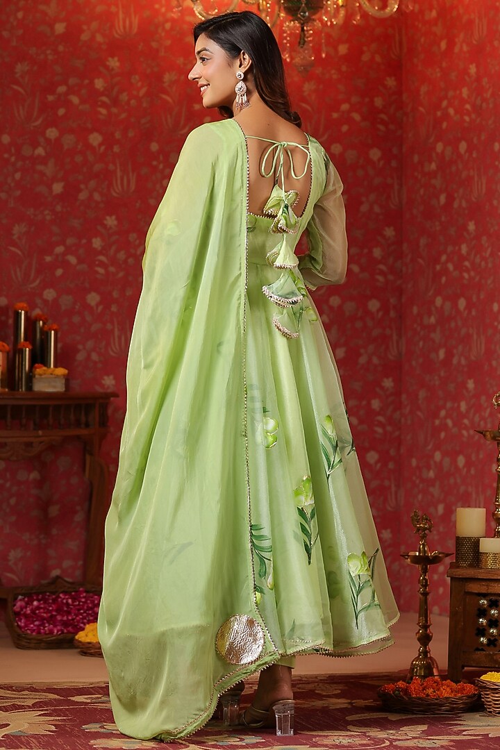 Parrot Green Organza Digital Printed Anarkali Set by SAMAAYA JAIPUR at Pernia's Pop Up Shop