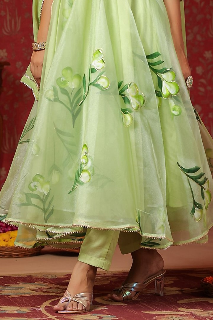 Parrot Green Organza Digital Printed Anarkali Set by SAMAAYA JAIPUR at Pernia's Pop Up Shop