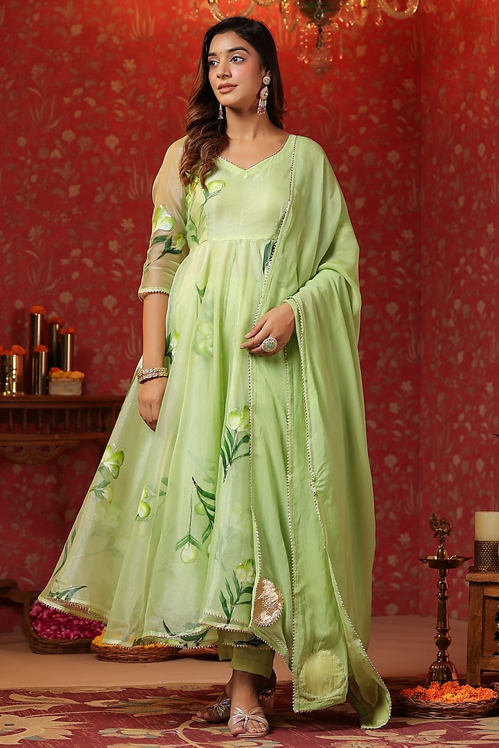 Parrot Green Organza Digital Printed Anarkali Set by SAMAAYA JAIPUR at Pernia's Pop Up Shop
