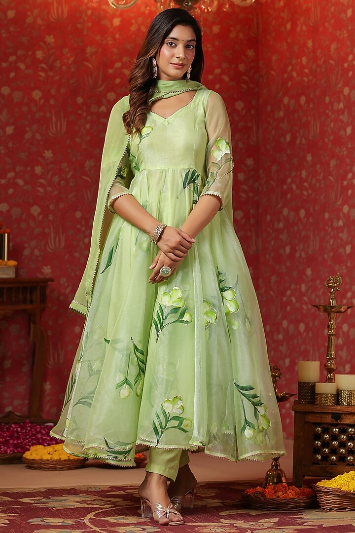 Parrot Green Organza Digital Printed Anarkali Set by SAMAAYA JAIPUR at Pernia's Pop Up Shop