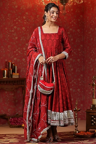 Maroon Cotton Printed Anarkali Set by SAMAAYA JAIPUR
