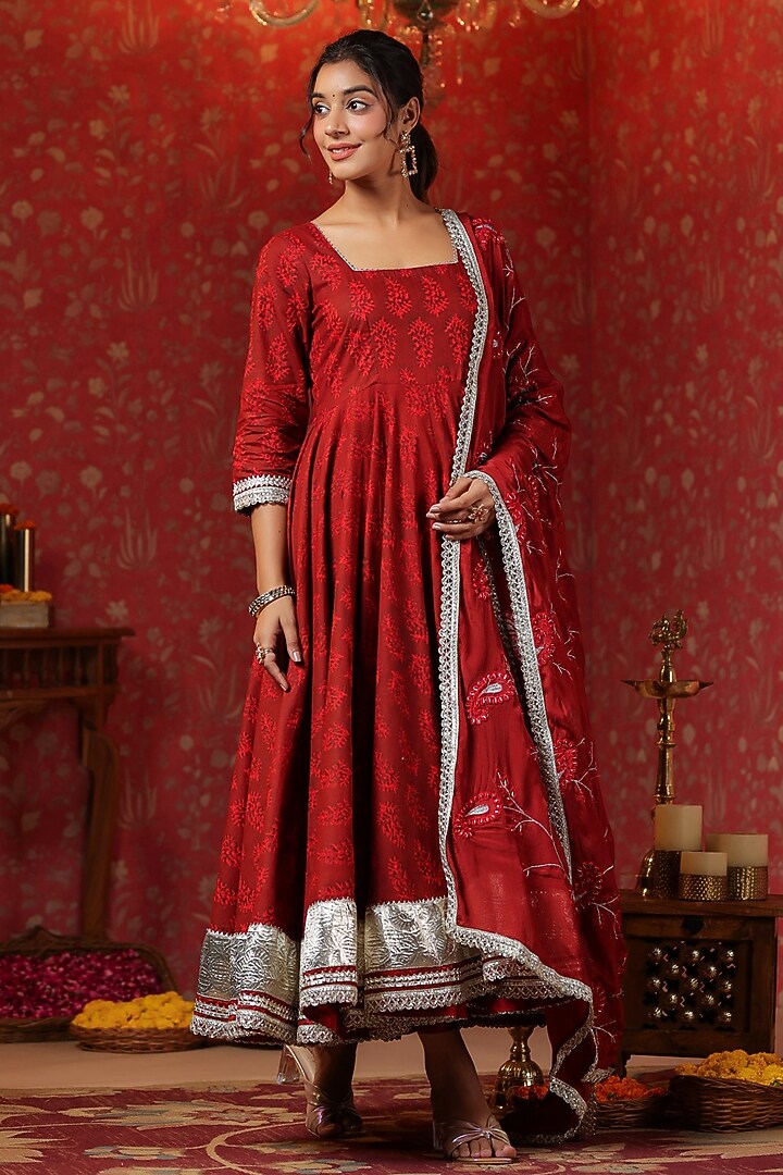 Maroon Cotton Printed Anarkali Set by SAMAAYA JAIPUR at Pernia's Pop Up Shop