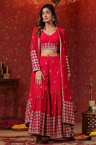 Red Georgette Sequins Embroidered Jacket Set by SAMAAYA JAIPUR