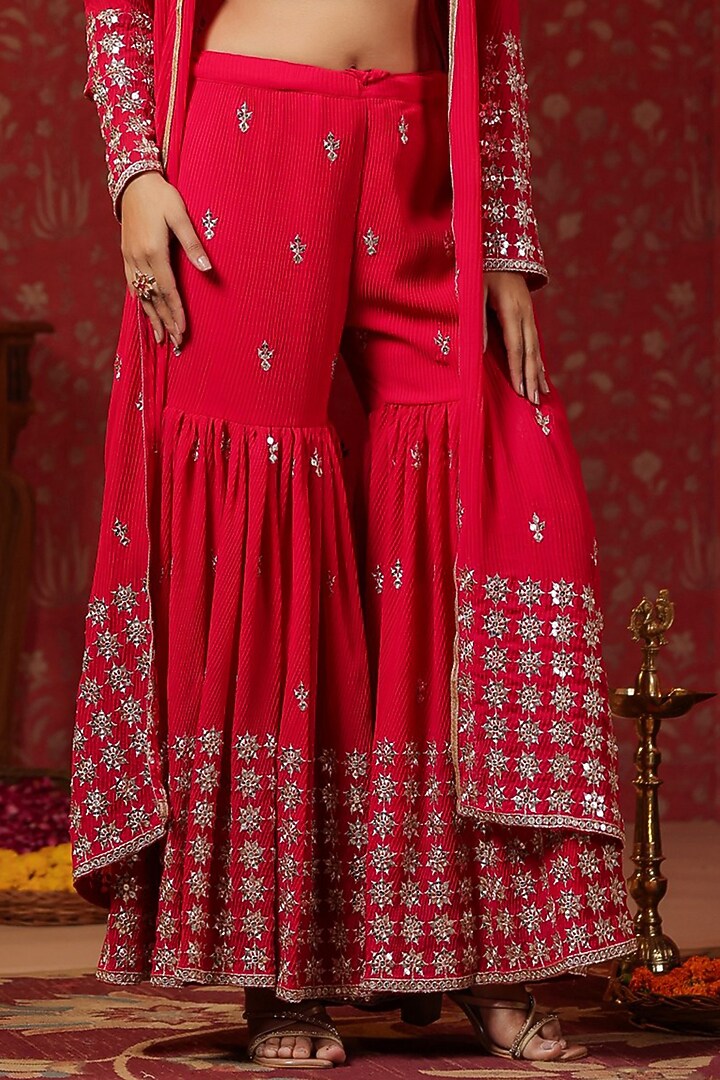 Red Georgette Sequins Embroidered Jacket Set by SAMAAYA JAIPUR at Pernia's Pop Up Shop