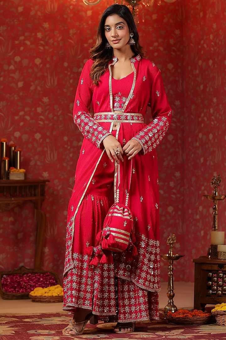 Red Georgette Sequins Embroidered Jacket Set by SAMAAYA JAIPUR at Pernia's Pop Up Shop
