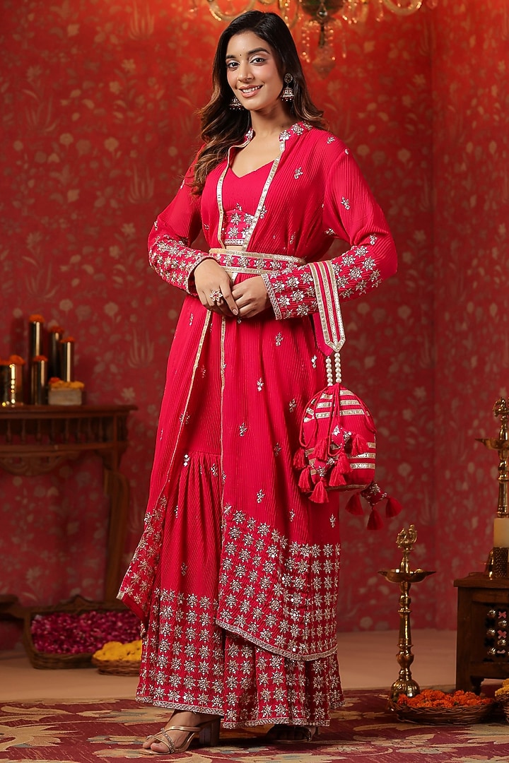 Red Georgette Sequins Embroidered Jacket Set by SAMAAYA JAIPUR at Pernia's Pop Up Shop