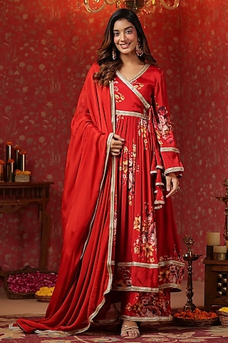 Red Chinon Digital Printed Angrakha Anarkali Set by SAMAAYA JAIPUR