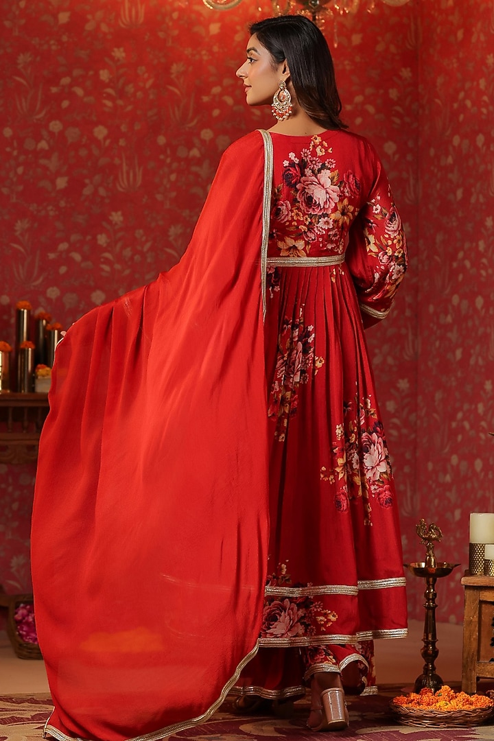 Red Chinon Digital Printed Angrakha Anarkali Set by SAMAAYA JAIPUR at Pernia's Pop Up Shop