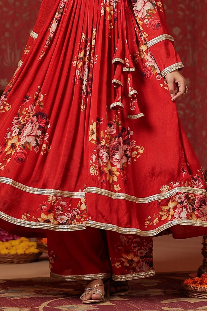 Red Chinon Digital Printed Angrakha Anarkali Set by SAMAAYA JAIPUR at Pernia's Pop Up Shop