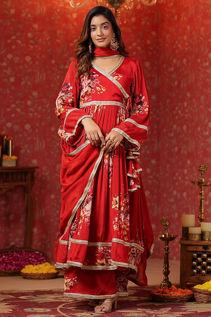 Red Chinon Digital Printed Angrakha Anarkali Set by SAMAAYA JAIPUR at Pernia's Pop Up Shop