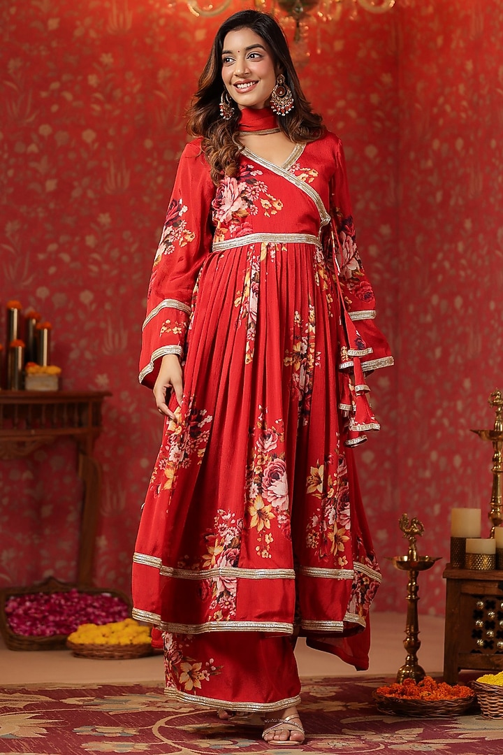 Red Chinon Digital Printed Angrakha Anarkali Set by SAMAAYA JAIPUR at Pernia's Pop Up Shop