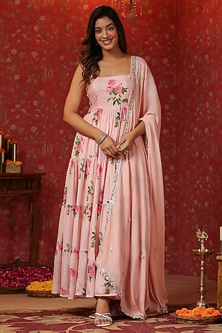 Pink Chinon Digital Printed Tiered Anarkali Set by SAMAAYA JAIPUR