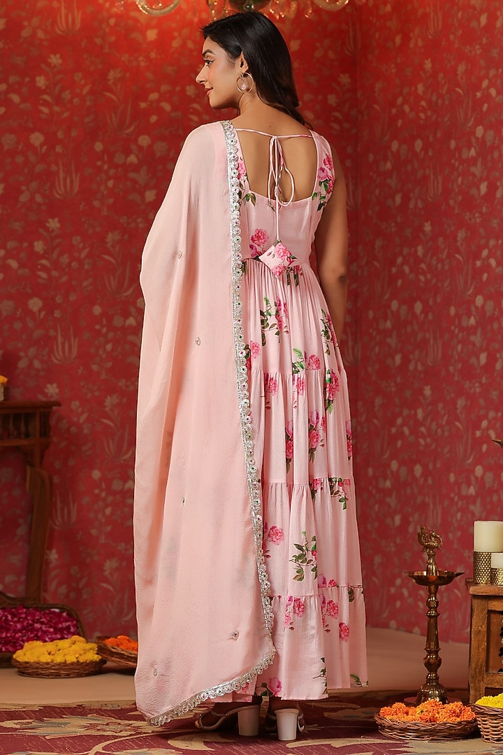 Pink Chinon Digital Printed Tiered Anarkali Set by SAMAAYA JAIPUR at Pernia's Pop Up Shop