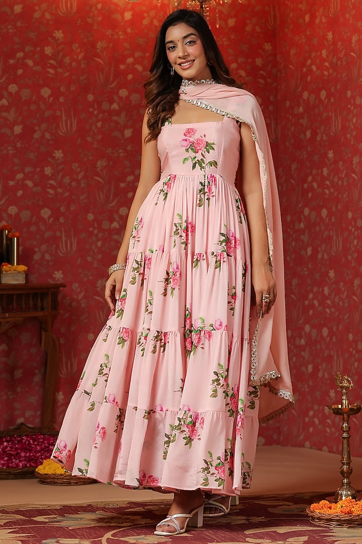 Pink Chinon Digital Printed Tiered Anarkali Set by SAMAAYA JAIPUR at Pernia's Pop Up Shop