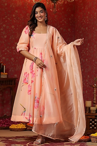 Peach Chanderi Hand Printed Anarkali Set by SAMAAYA JAIPUR