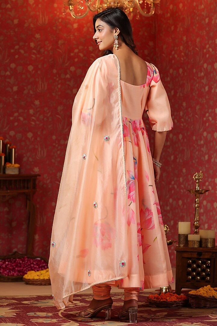 Peach Chanderi Hand Printed Anarkali Set by SAMAAYA JAIPUR at Pernia's Pop Up Shop