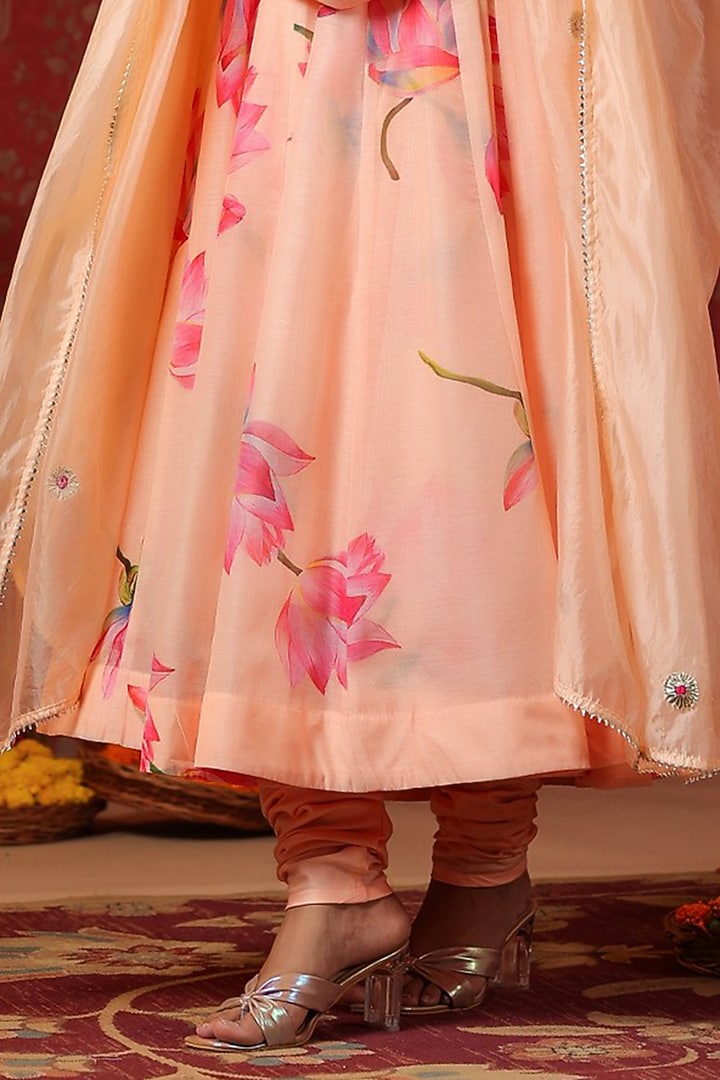Peach Chanderi Hand Printed Anarkali Set by SAMAAYA JAIPUR at Pernia's Pop Up Shop