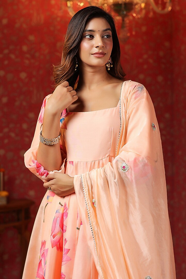 Peach Chanderi Hand Printed Anarkali Set by SAMAAYA JAIPUR at Pernia's Pop Up Shop