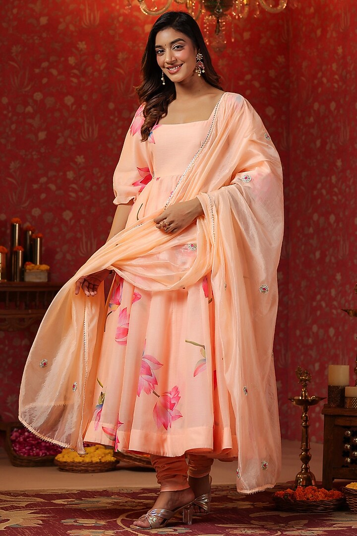 Peach Chanderi Hand Printed Anarkali Set by SAMAAYA JAIPUR at Pernia's Pop Up Shop
