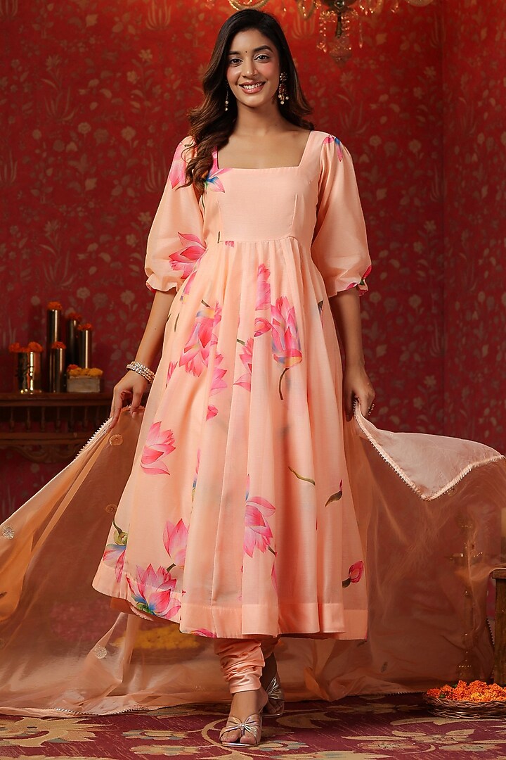 Peach Chanderi Hand Printed Anarkali Set by SAMAAYA JAIPUR at Pernia's Pop Up Shop