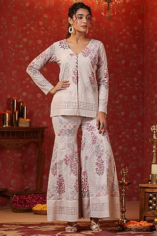 Cream Cotton Schiffli Block Printed Sharara Set by SAMAAYA JAIPUR