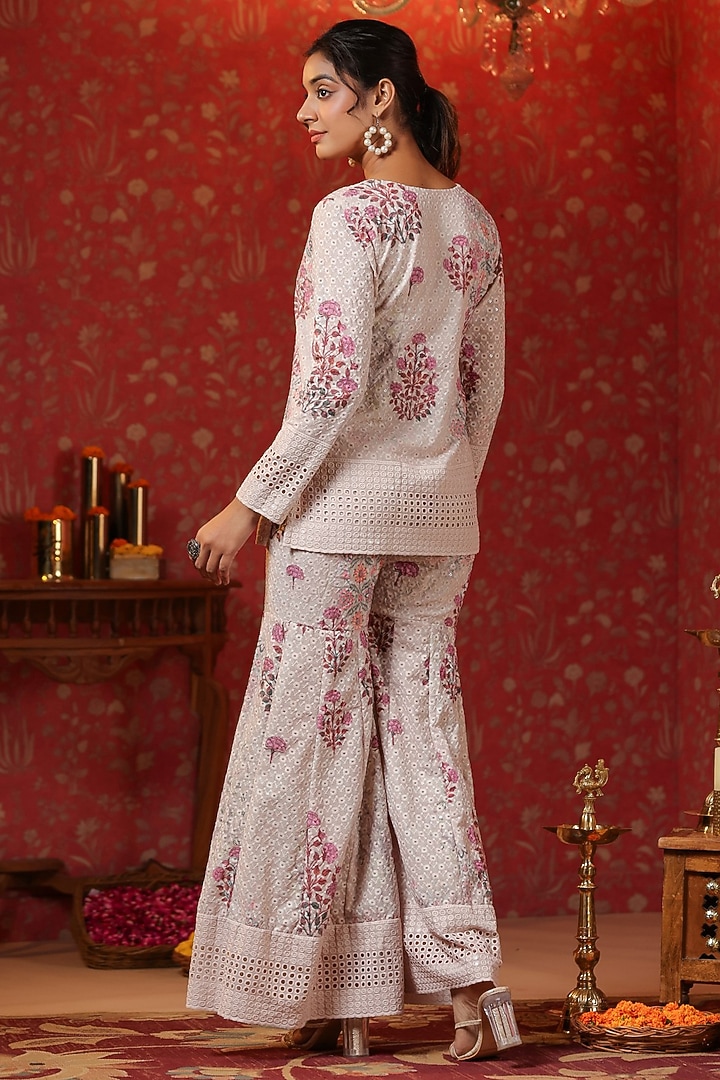 Cream Cotton Schiffli Block Printed Sharara Set by SAMAAYA JAIPUR at Pernia's Pop Up Shop