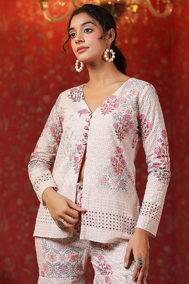Cream Cotton Schiffli Block Printed Sharara Set by SAMAAYA JAIPUR at Pernia's Pop Up Shop
