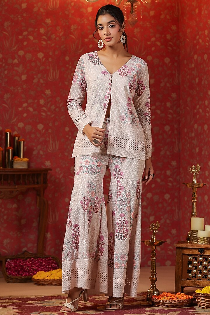 Cream Cotton Schiffli Block Printed Sharara Set by SAMAAYA JAIPUR at Pernia's Pop Up Shop