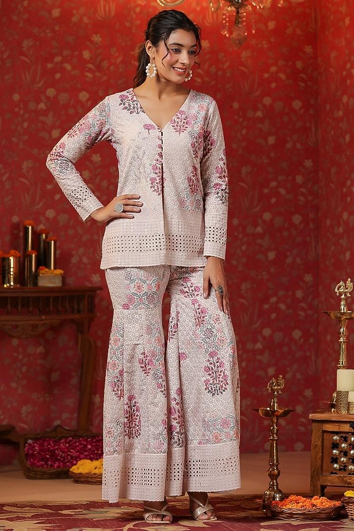 Cream Cotton Schiffli Block Printed Sharara Set by SAMAAYA JAIPUR at Pernia's Pop Up Shop
