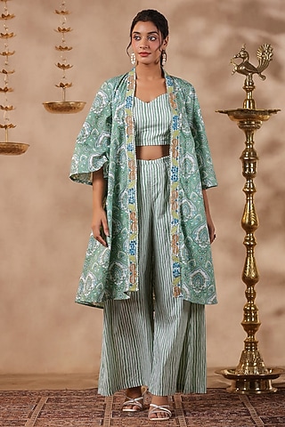Green Cotton Hand Block Printed Co-Ord Set by SAMAAYA JAIPUR