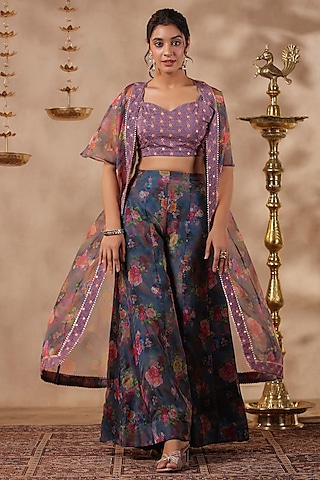 Grey Organza Digital Printed Co-Ord Set by SAMAAYA JAIPUR