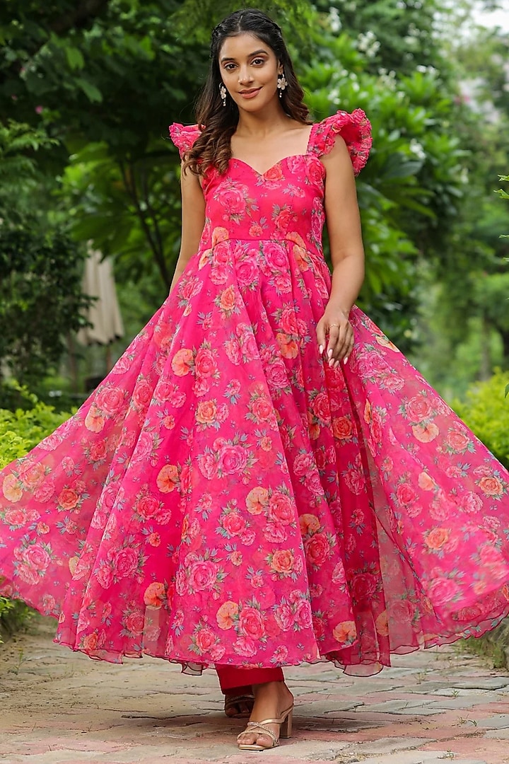 French Rose Organza Digital Printed Maxi Dress by SAMAAYA JAIPUR