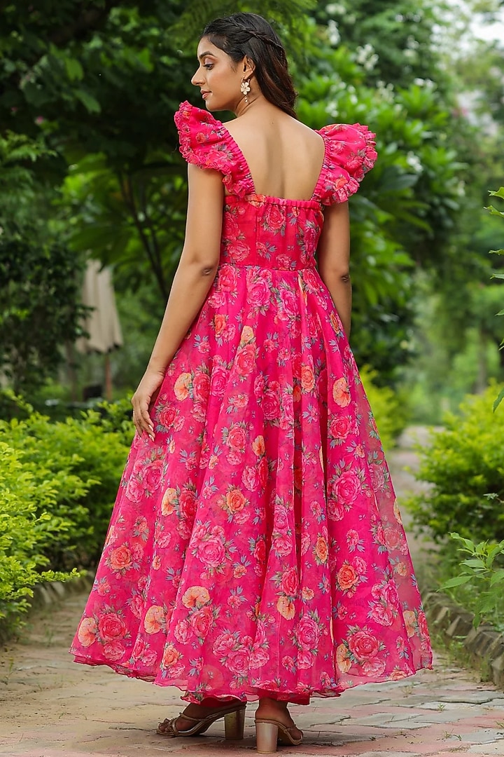 French Rose Organza Digital Printed Maxi Summer Dress by SAMAAYA JAIPUR at Pernia's Pop Up Shop