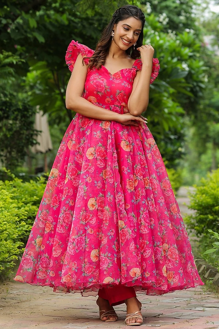 French Rose Organza Digital Printed Maxi Summer Dress by SAMAAYA JAIPUR at Pernia's Pop Up Shop