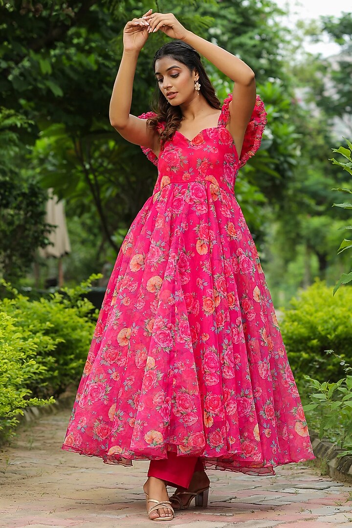 French Rose Organza Digital Printed Maxi Summer Dress by SAMAAYA JAIPUR at Pernia's Pop Up Shop