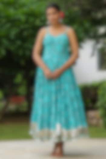 Blue Cotton Block Printed Maxi Dress by SAMAAYA JAIPUR