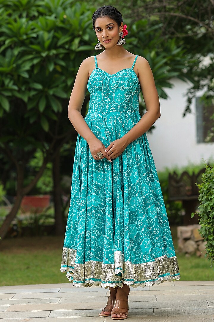 Blue Cotton Block Printed Maxi Dress by SAMAAYA JAIPUR