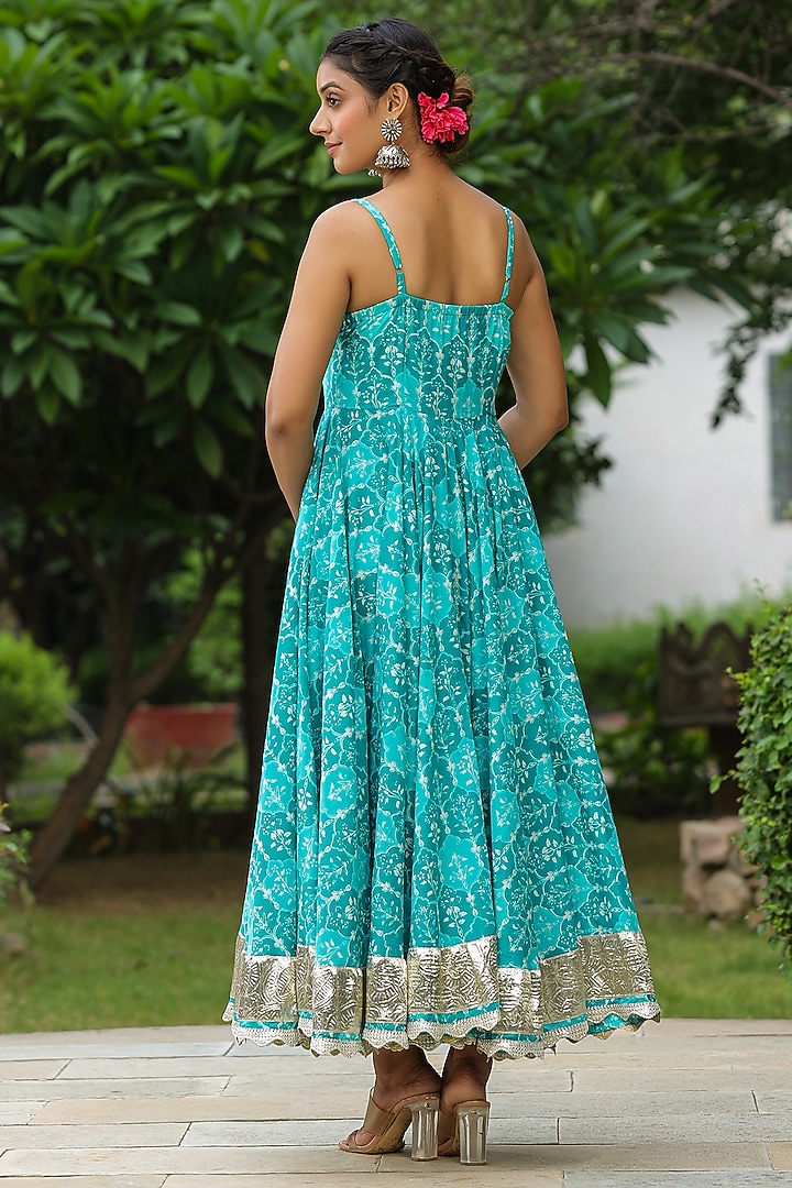 Blue Cotton Block Printed Maxi Summer Dress by SAMAAYA JAIPUR at Pernia's Pop Up Shop